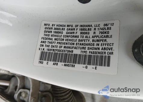 2012 Honda Civic Lx from USA, damaged, VIN 19XFB2F50CE073948